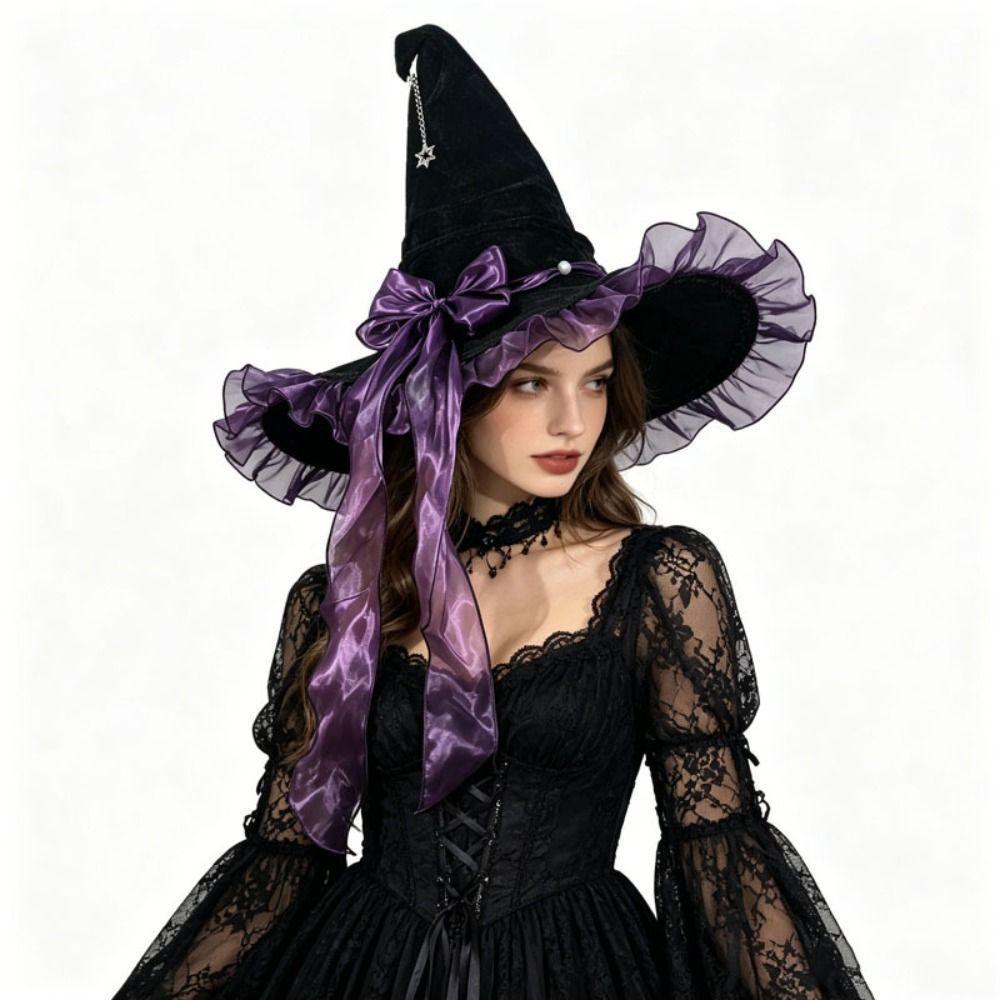 Satin Bow Halloween Hat Star Pendant Lace Lolita Witch Hat Tall Pointed Cone Top Veil Cosplay Accessories Masquerade Ball