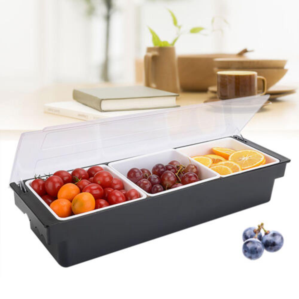 

Bymaocar Black Plastic Fruit Tray Box Bar Top 3 Compartment Condiment Dispenser Food-grade Material Flip Lid & Partition Design