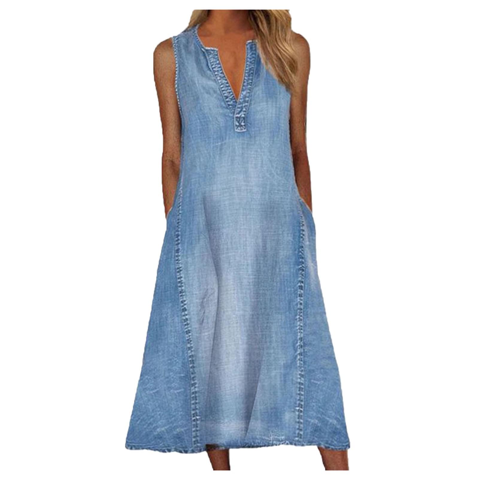 

Женское повседневное сексуальное однотонное свободное джинсовое платье без рукавов с v-образным вырезом