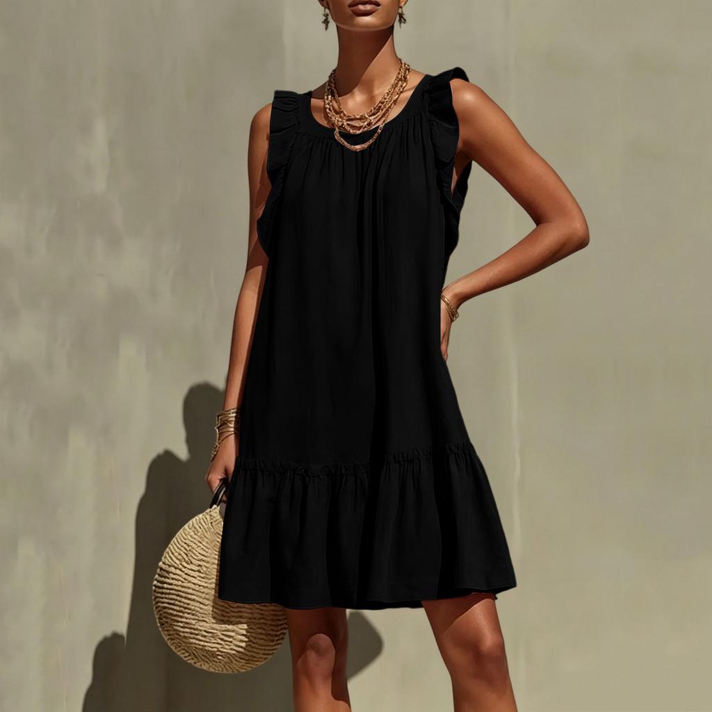 Ladies' Color Fashionable Casual Loose Round Neck Sleeveless Ruffle Dress