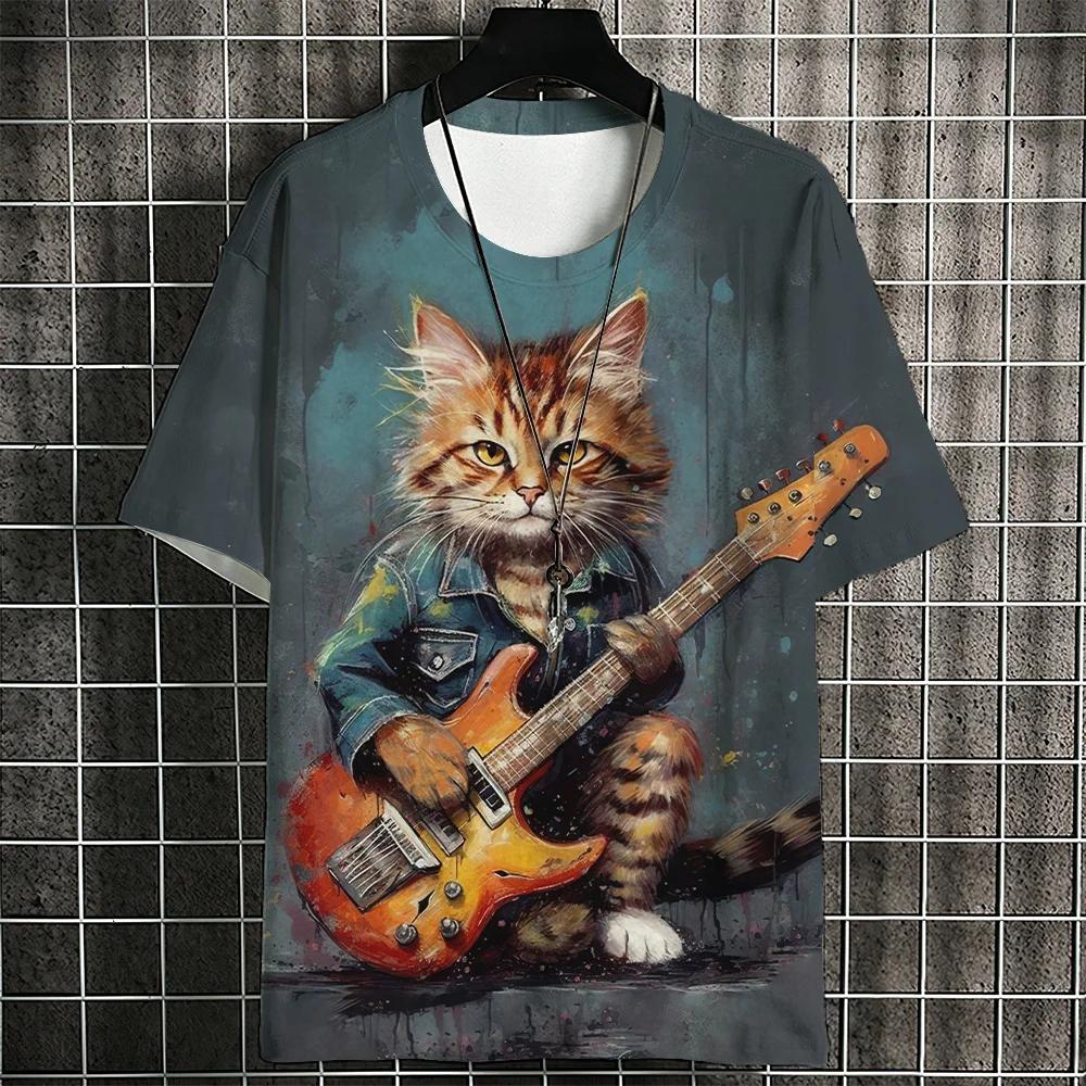 Cartoon Cat Men's T-Shirt Japanese Style Ukiyo-e Cat Printing T-Shirts Casual Loose Short Sleeve Tee Oversized Men Clothing Tops