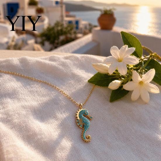 Lightweight Fashion Necklace Women Blue Seahorse Necklace, Rhinestone Pendant Stylish Sea Stunning Ocean Creature Summer Beach Gift for Her