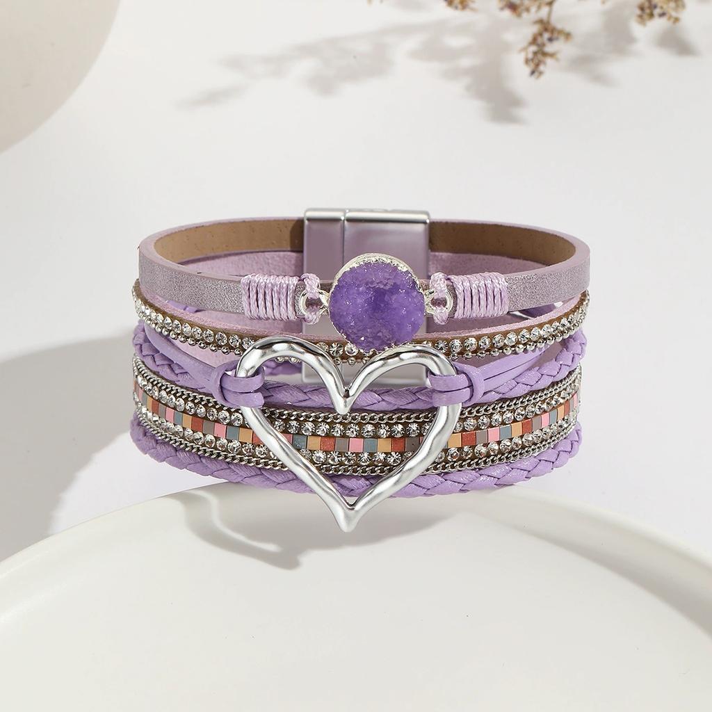 1pc Boho Chic Multilayer Faux Leather Wrap Bracelet with Handmade Braiding, Vintage Style, Big Golden Heart Charm