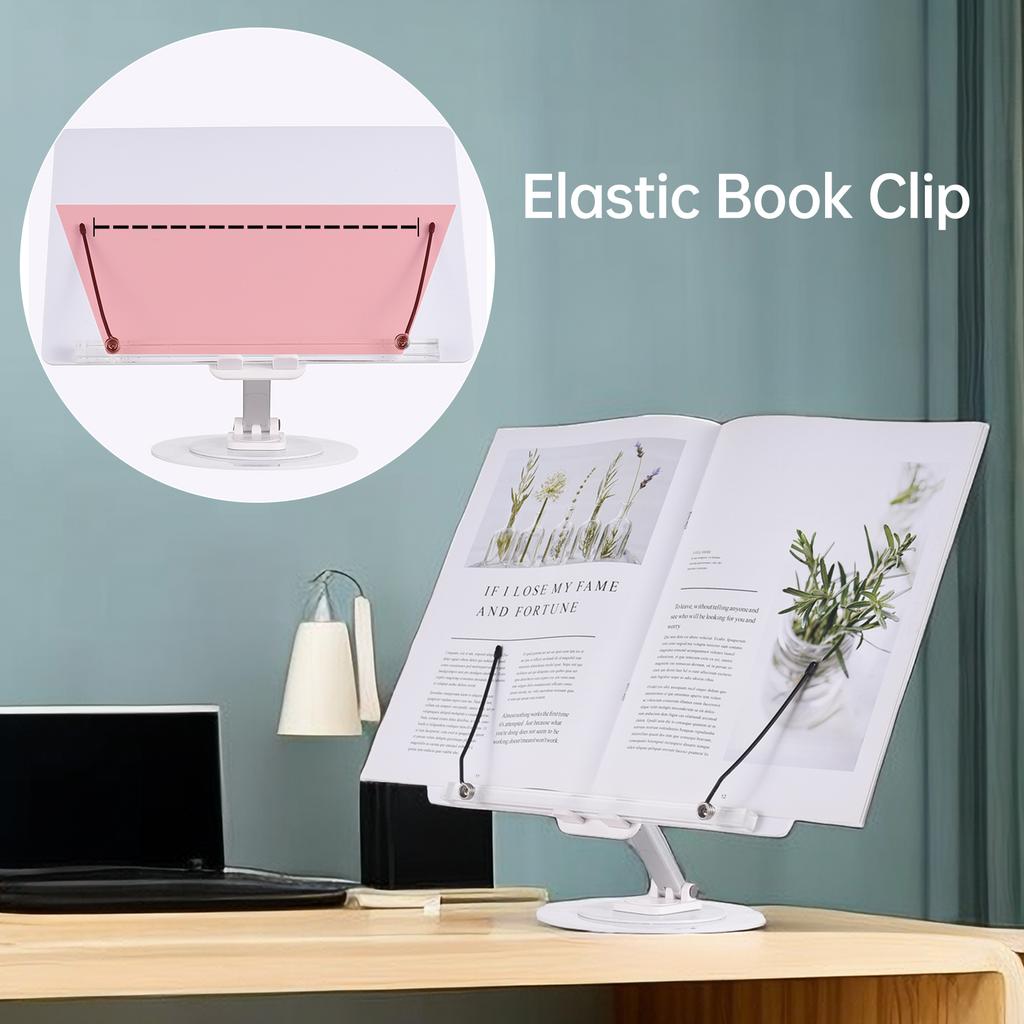 Desktop Book Stand for Reading with 360 Degrees  Rotating Base & Page Clips Foldable and Angle Adjustable for Cooking