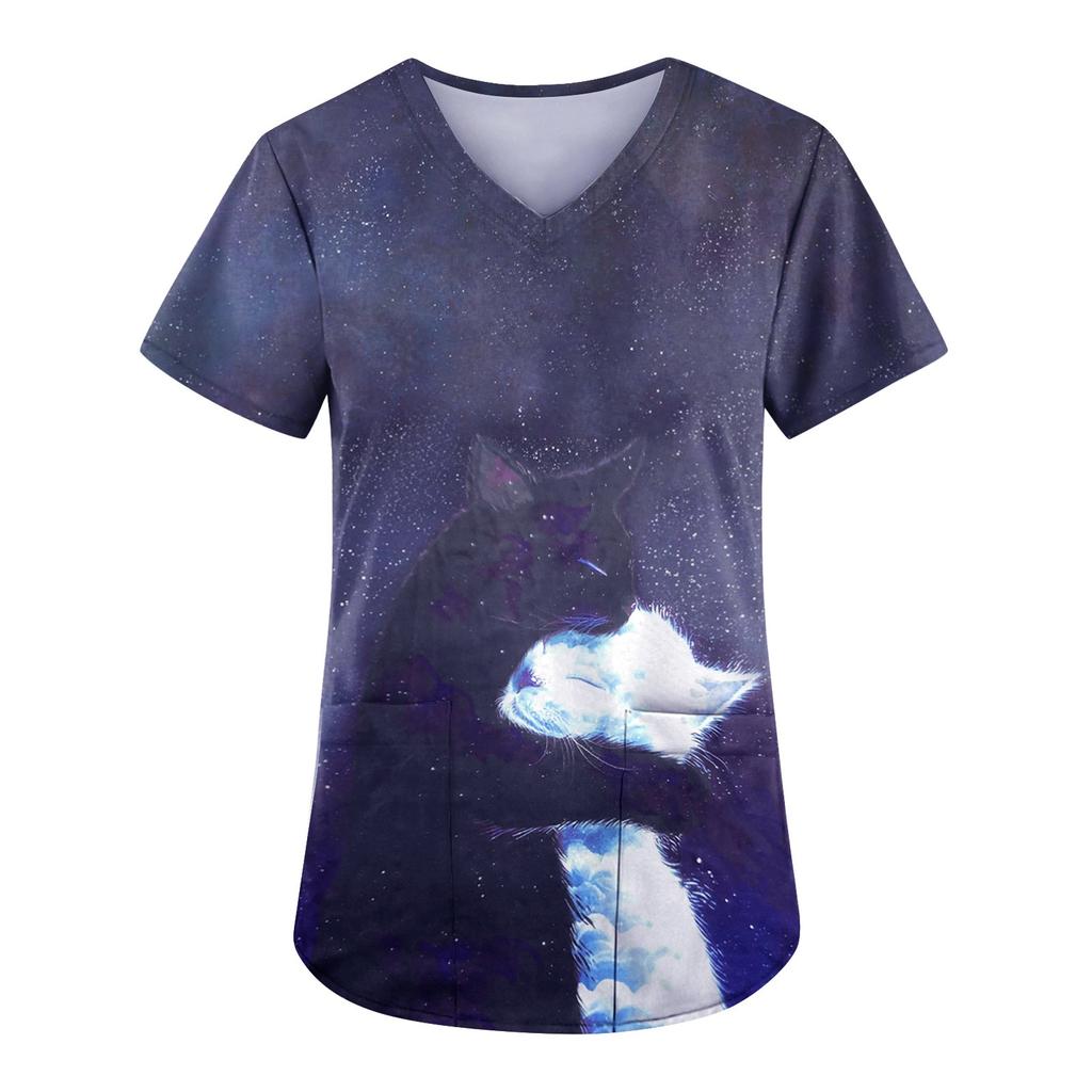 Women Printing Short Sleeve V-neck Tops Working Uniform Pocket Blouse