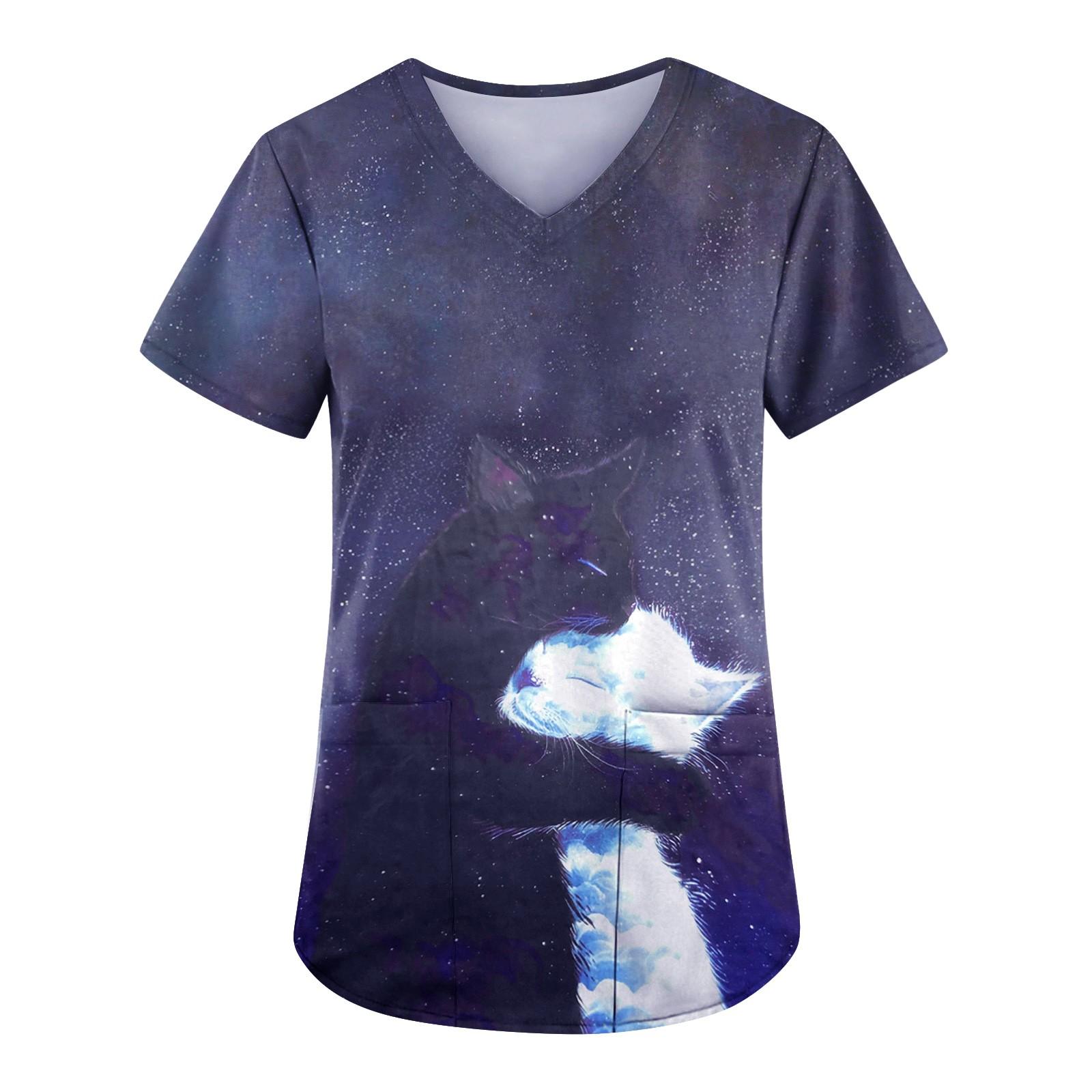 

Women Printing Short Sleeve V-neck Tops Working Uniform Pocket Blouse XXXL чорний