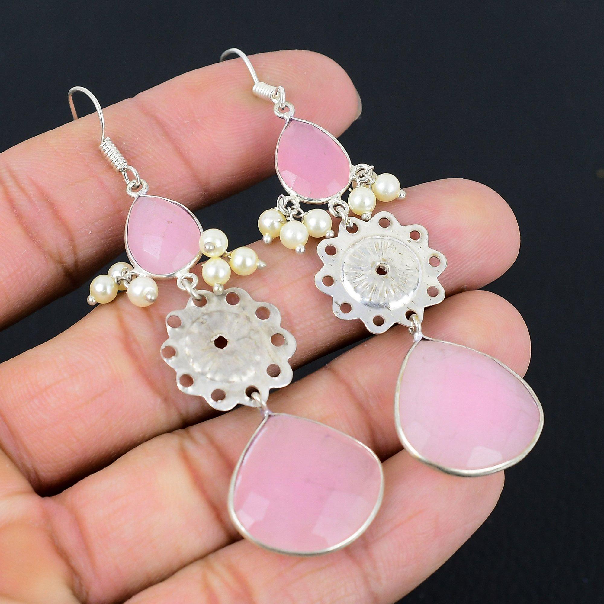 

925 Sterling Silver Natural Pink Chalcedony Wedding Dangle Drop Earrings Jewelry
