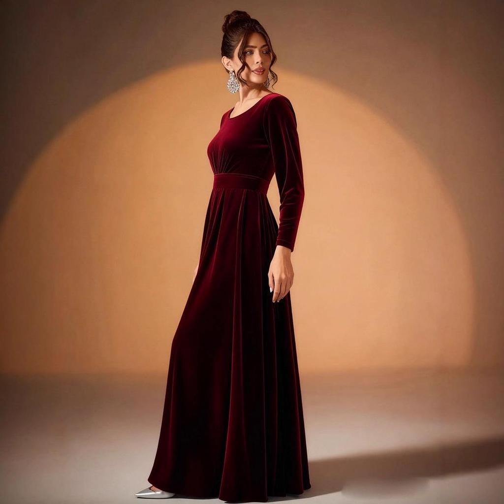 Plus Size Women's Gold Velvet Pleated Evening Gown, Long Sleeve Dress (2026 Collection)