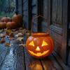 Weather Resistant Patio Lanterns Halloween Pumpkin Solar Lantern, Waterproof Outdoor Hanging Light, Orange Decorative Resin Lamps Spooky Face Lantern