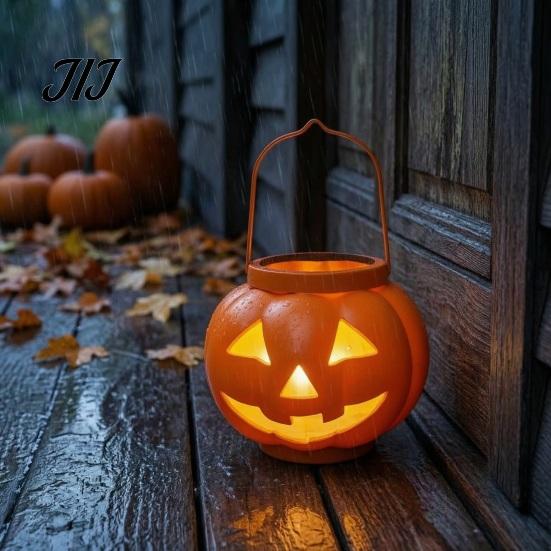 Weather Resistant Patio Lanterns Halloween Pumpkin Solar Lantern, Waterproof Outdoor Hanging Light, Orange Decorative Resin Lamps Spooky Face Lantern