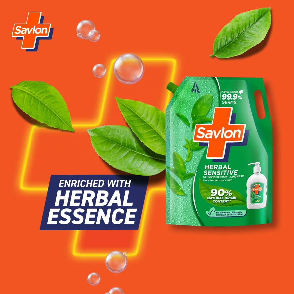 Savlon Herbal Sensitive Germ Protection Liquid Handwash Refill Pouch 1.35L Soft Skin Herbal Care