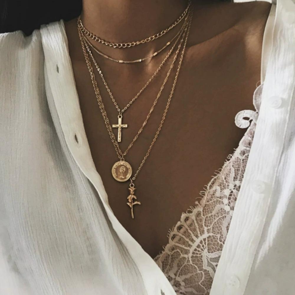European and American Trendy Women's Multi-layer Chain Rose Necklace - Exquisite Circular Cross Pendant