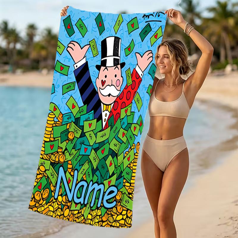 Customizable personalized beach towels Mr. Monopoly themed designs.Suitable for the beach, yoga, sports;ideal as beach accessories