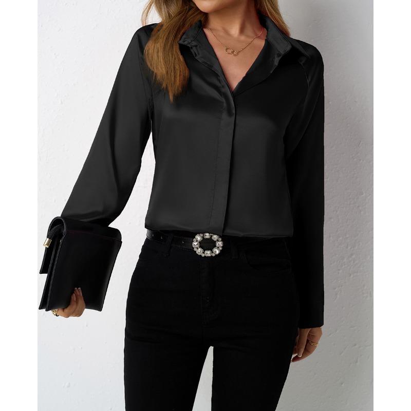 Women's Satin Shirt Imitation Silk Long Sleeved Blouses & Shirts