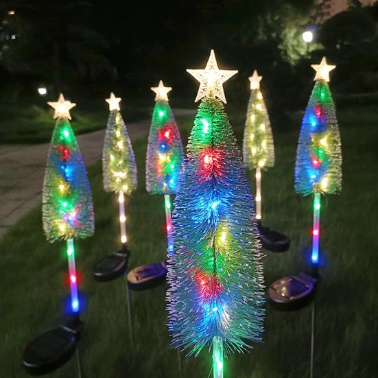 Solar Powered Christmas Tree Lights Outdoor Waterproof LED Lawn Lights with Star Topper Colorful Holiday Garden Decoration for Yard Patio