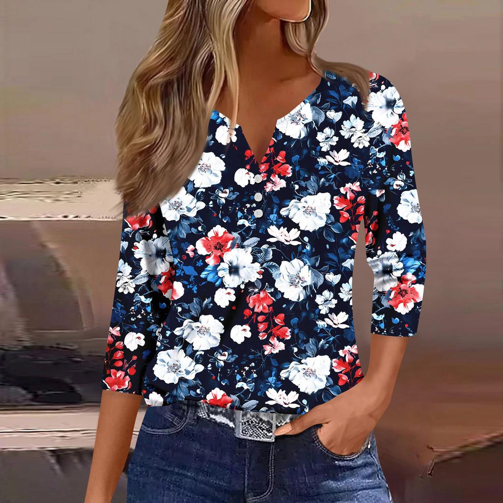 Women's Fashion Casual Seven Split Sleeve Burst Vintage Floral Print Pullover Top