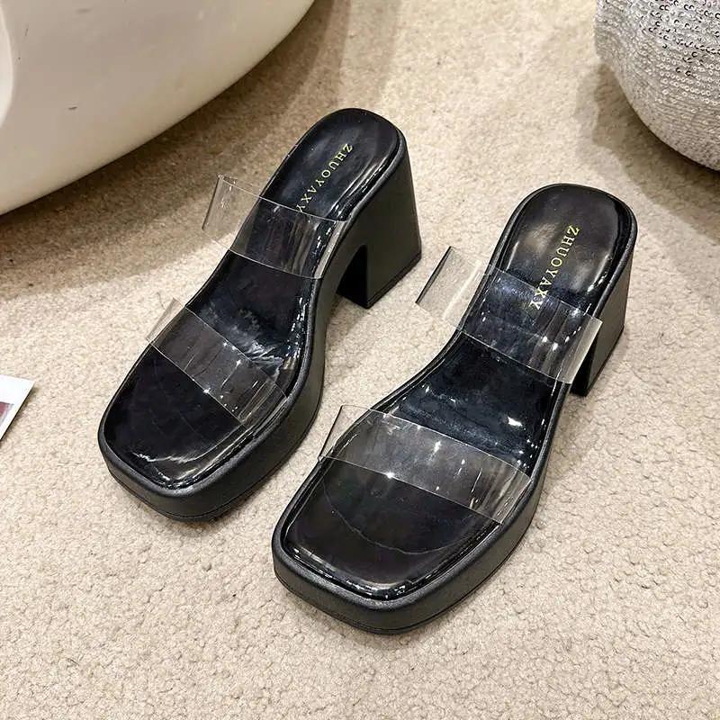 WTEMPO High Heel Sandalen Damen Sommer Dicke Weiche Sohle Einzigartiges Transparentes Obermaterial Design Aprikosenfarbene Sohle Dicker Absatz Atmungsaktive Mode Vielseitige Slipper