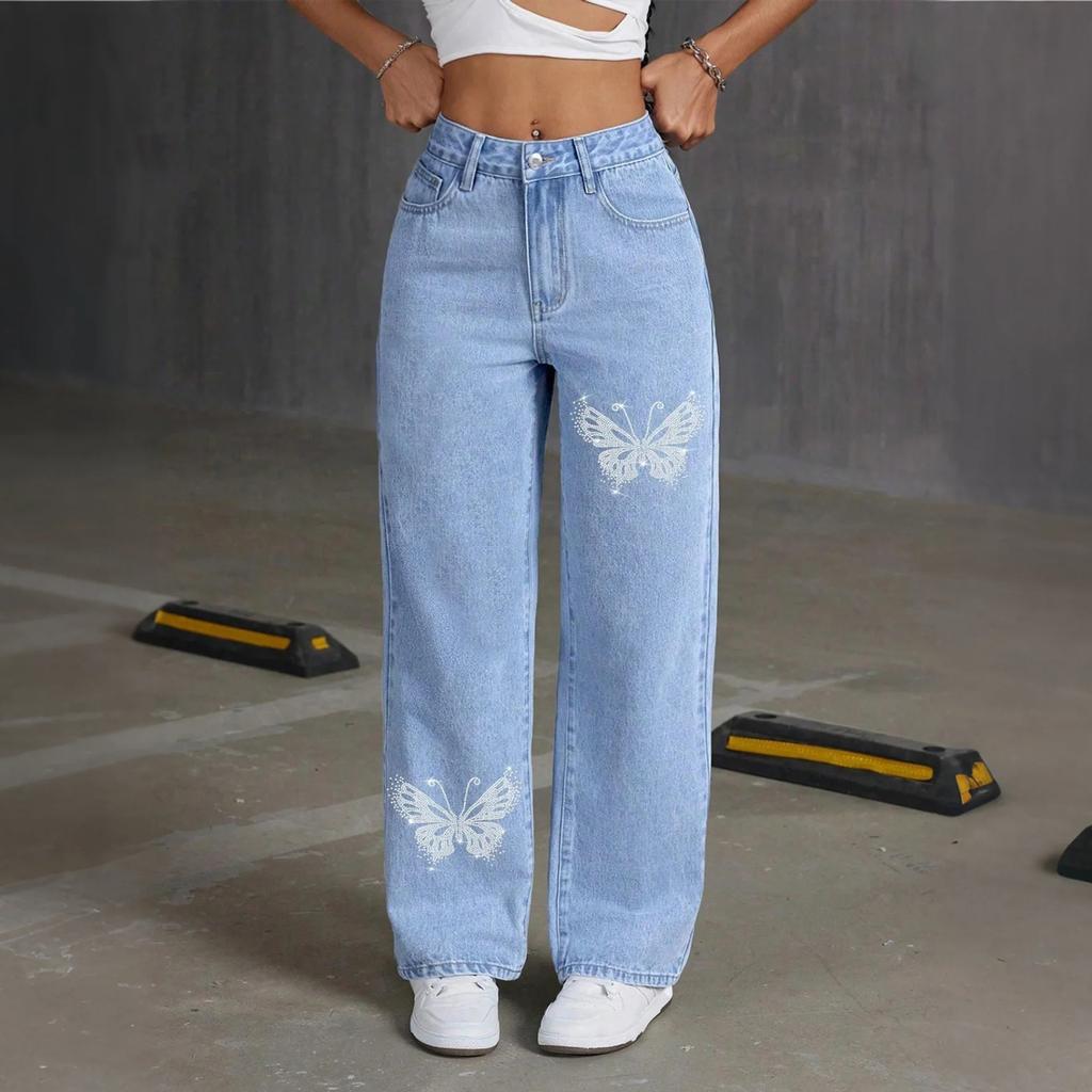 Women's High Waist Washed Women's Jeans Fashionable Versatile Straight Leg Pants