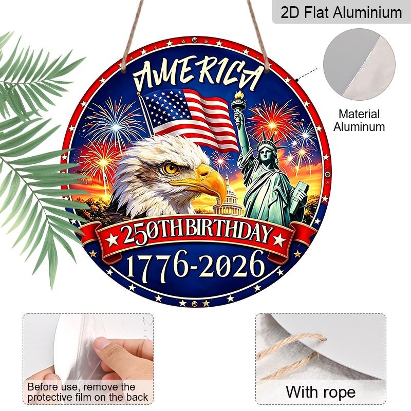 2D Flat Retro Round Aluminum Wall Decor, 250th Independence Day Eagle & Fireworks Design, Indoor Outdoor Hanging Plaque, Commemorative Home Gift
