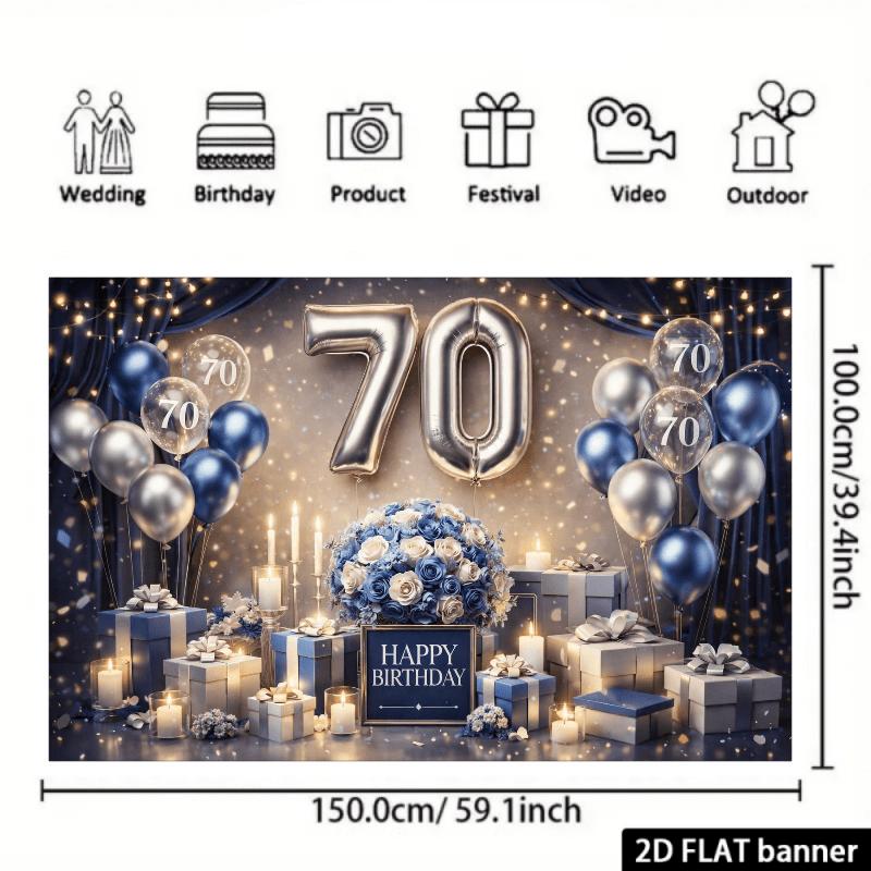 A Vibrant 2D Flat 70th Birthday Backdrop with Silver "70" Balloon Text, Polyester Fabric Holiday Decorations, and Party Supplies