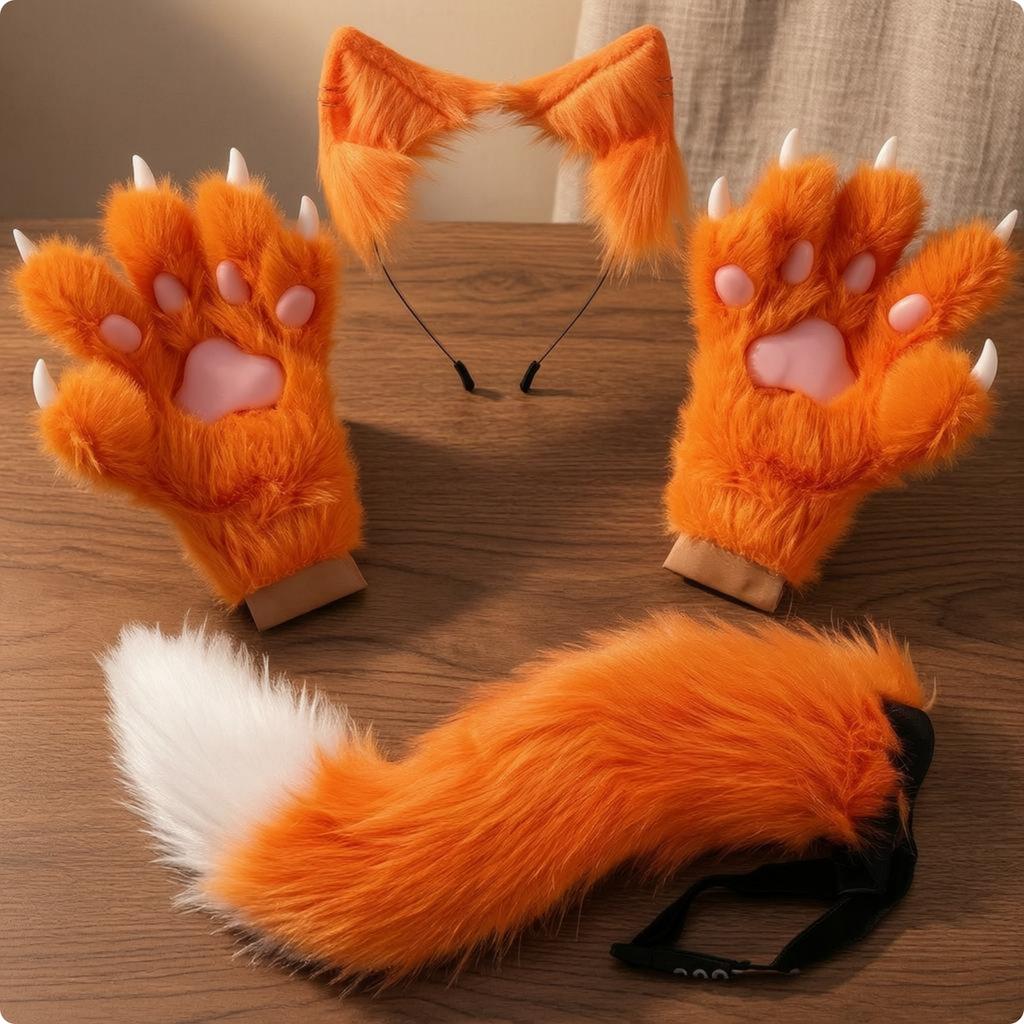 Animal Cosplay Set Kit Cosplay Chat Fluffy Tail Raised Paw Pads Gloves for Masquerade Events