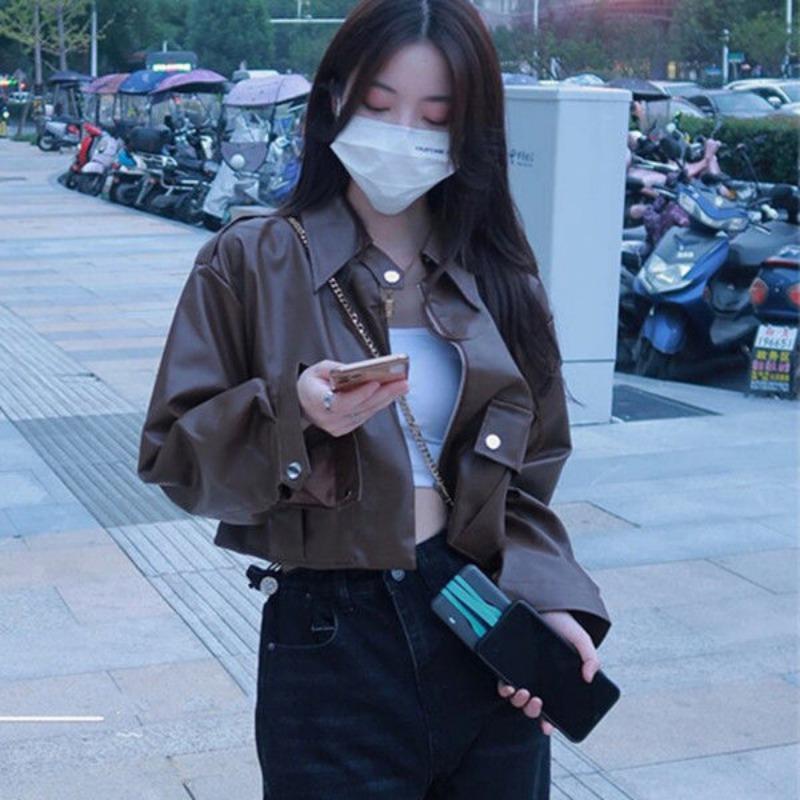 Trendy Biker Jacket Women Short Leather Coat Spring Autumn Winter Fashionable Versatile Outfit Petite Sizes
