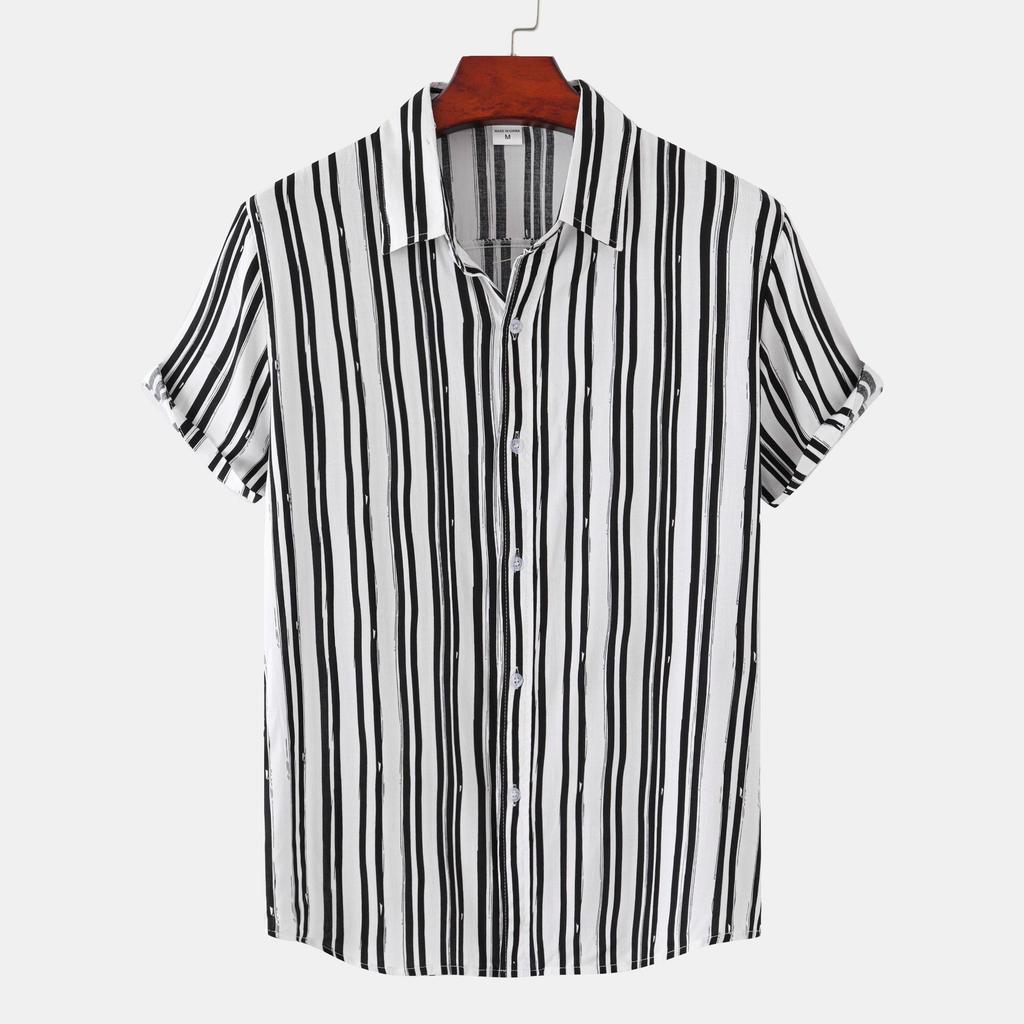 Camisa Casual de Verano para Hombre de Manga Corta Holgada a Rayas Tops con Solapa Abotonada para Adolescentes
