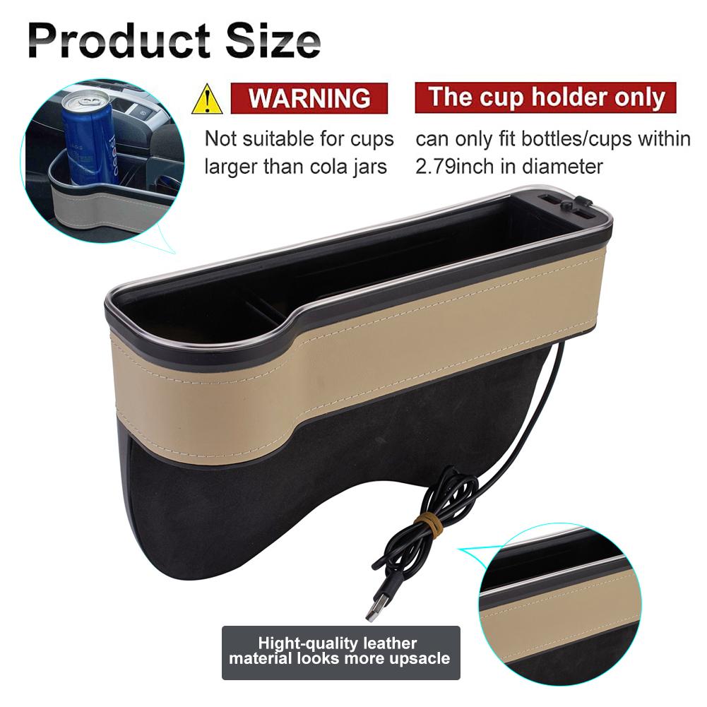 2PCS 3 In 1 Storage Box Set Front Seat Gap Filler Slip Organizer with Twin USB Car Charger Drink Cup Holder Ambient Lights