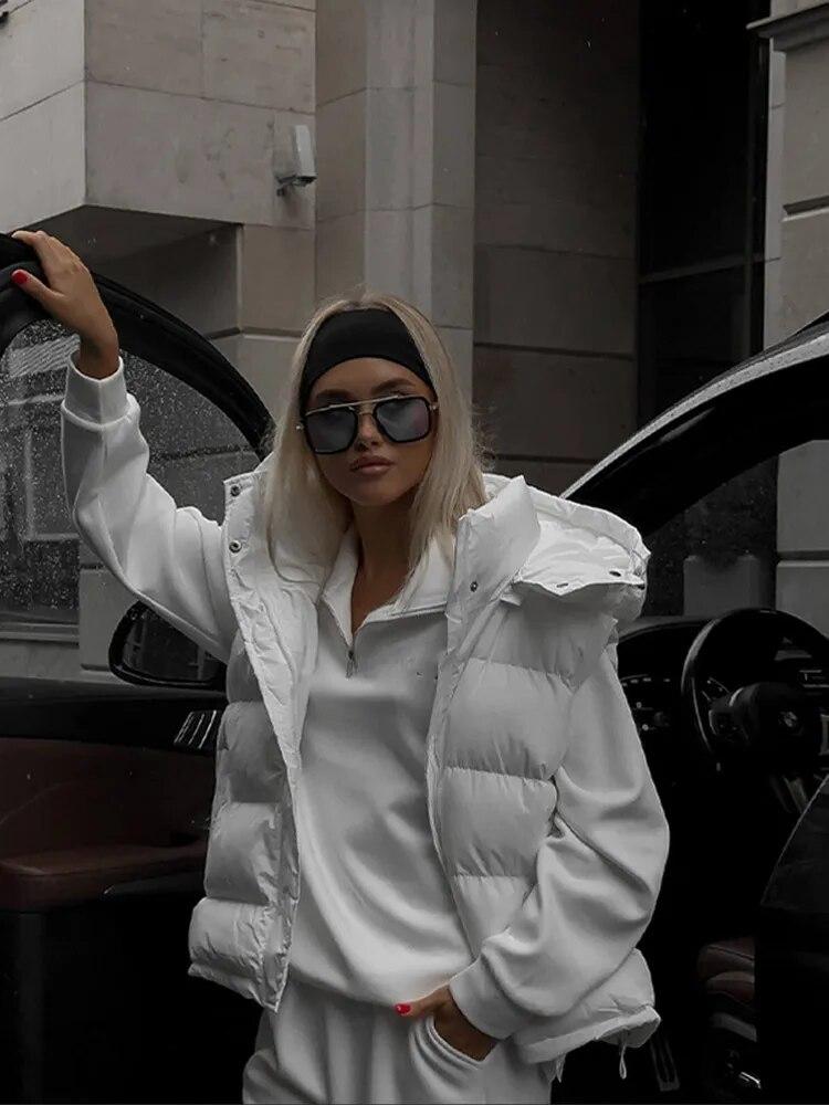 

Зимний утепленный жилет, женский зимний хлопковый теплый парк, уличная парка на молнии, женский топ с капюшоном, свободное пальто без рукавов с большим карманом L белый