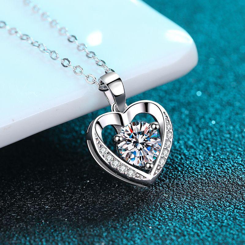 Sterling Heart Pendant Necklace With Moissanite Stone Minimalist Chic Jewelry Women Adjustable Chain 21-50cm