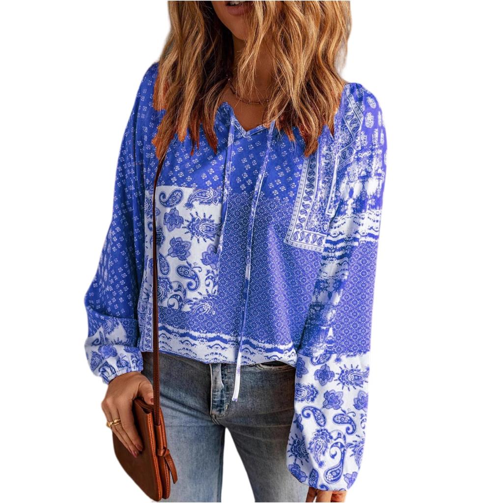 Women V Neck Casual Long Sleeve Floral Print Blouse Loose Fit Lightweight Pullover Top for Everyday Wear