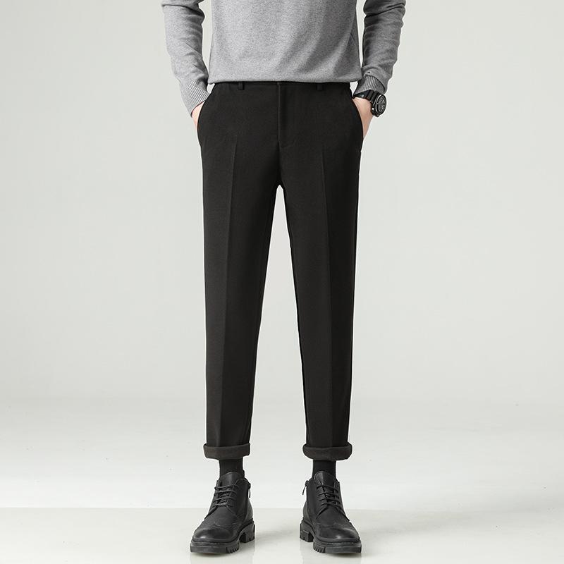 Autumn and Winter New Velvet Thickened Men's Drape Black Pants Small Trousers Men's Slim Straight Casual Pants