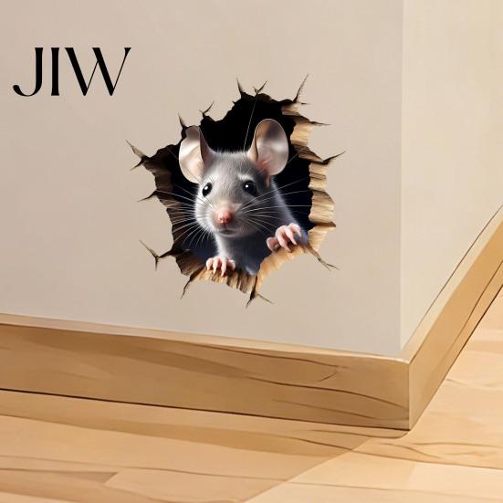 Decorative Sticker for Bathroom Glass Grey Mouse Peeking Wall Decal, 3D Hole Effect Sticker, Removable Funny Party Setting Decoration PVC Art