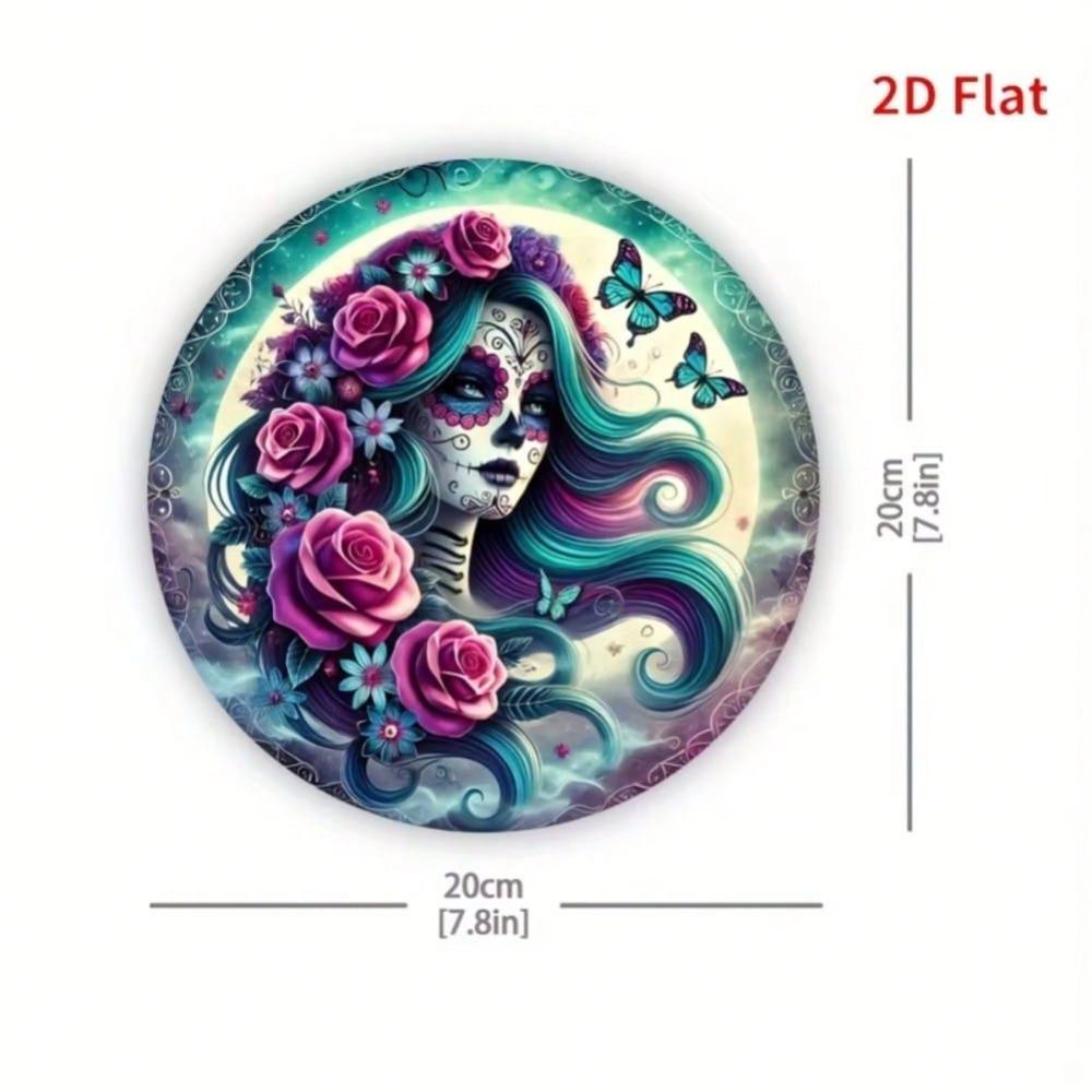 8x8 Inch 2D Flat Sugar Skull Skeleton Wreath Floral Dia De Los Muertos Wall Hanging Outdoor Decor