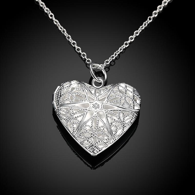 2 Pcs 925 Silver Necklaces Chain For Women Heart /Round Photo Frame Pendant Necklace Men Fashion Jewelry