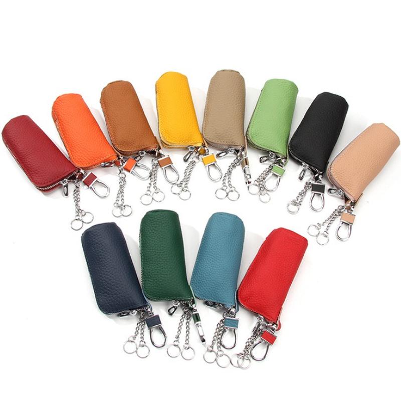 Women Genuine Leather Car Key Chain Wallet Waist Hanging Keys Pouch Zipper Closure Home Key Money Organizer Case