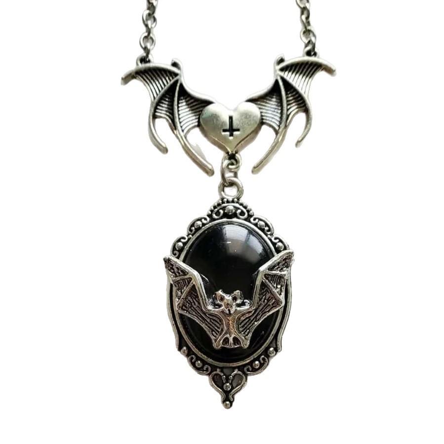 Gothic Vampire Bat Pendant Necklace With Silver Cross Chain For Party Wear