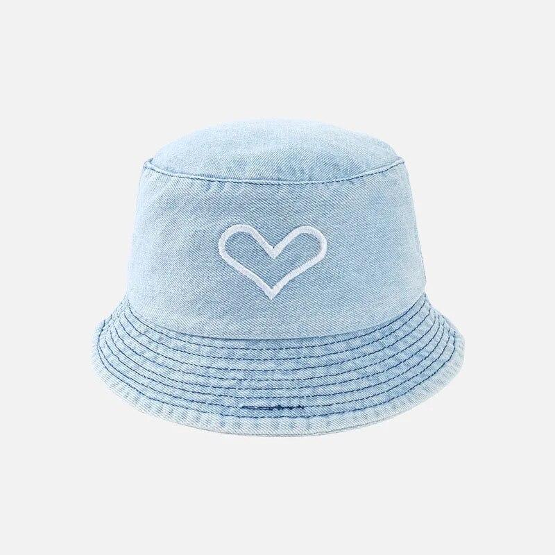 

Женская джинсовая панама с вышивкой в ​​форме сердца и сердечками, женская шляпа-ведро с широкими полями, уличная солнцезащитная Панама, пляжная кепка для путешествий, кепка-рыбак для девушек 55-59cm синий