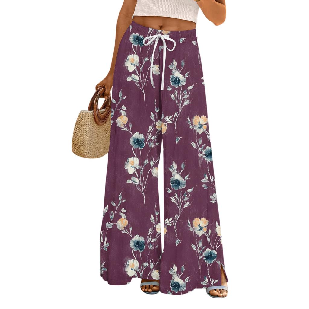 Women's Casual Wide Leg Pants Stretch Belt Pocket Floral Print Adjustable Tie Pants