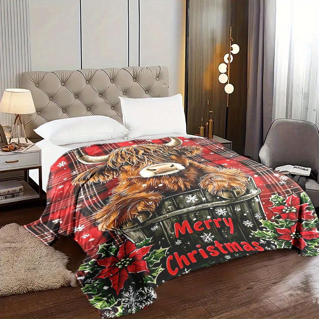 1 St Fluffig Varm Jul Höglandsko Och Snöflinga Flanellfilt Mysig Festlig Gåva För Familj Resa Kontorsdekoration