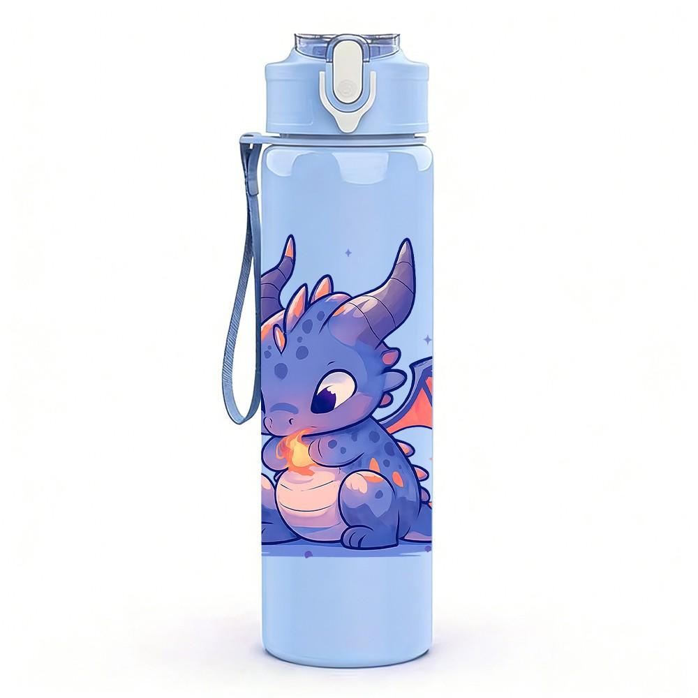 1PC Cute Blue Baby Dragon 750ml Color Plastic Sports Water Bottle Leakproof Flip Straw Lid Suitable for Sports Office Home Use