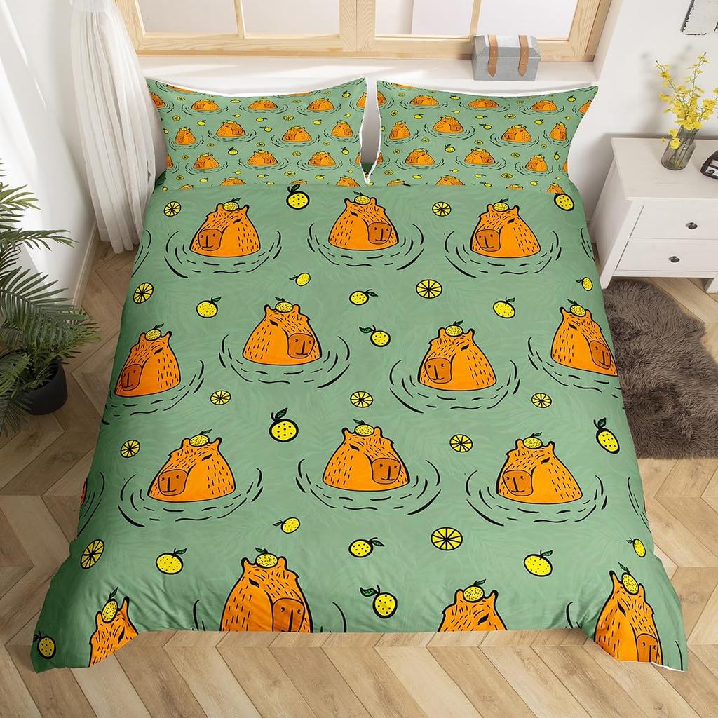 Cute Capybara Print Bedding Sets Full Kawaii Honey Bee Comforter Cover,Cartoon Animals Bed Set Red Love Heart Print Duvet Cover