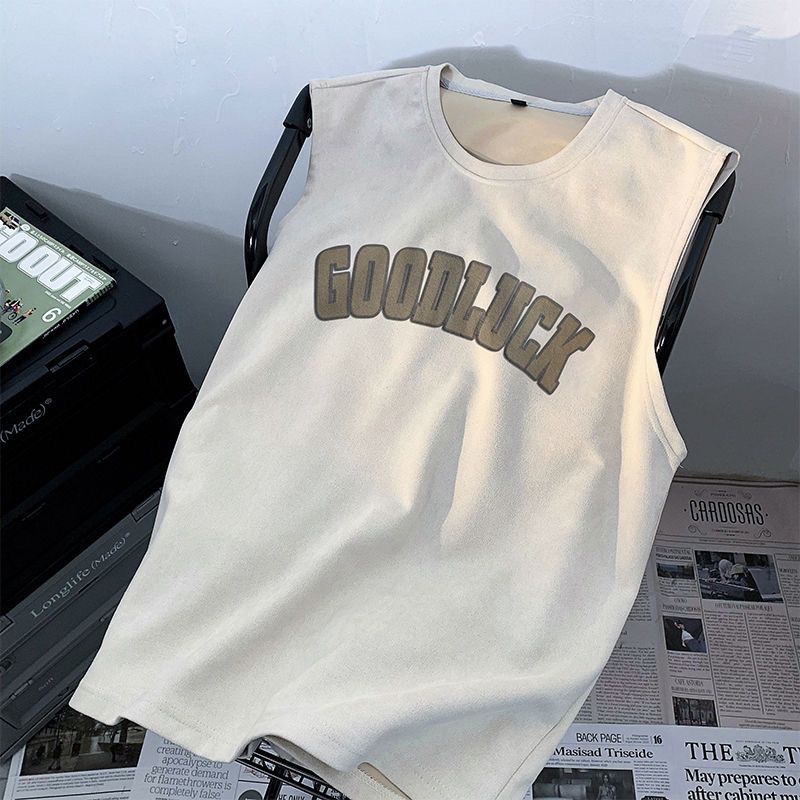 220GSM Unisex Sleeveless T-shirt Summer Suede Vest American High Street Vintage Oversized T-shirt