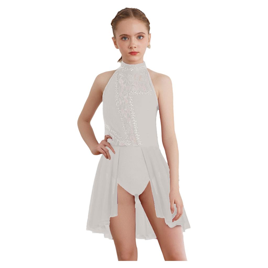 Girls Modern Lyrical Dance Dress Floral Lace Patchwork Cutout Back Rhinestones Leotard Stage Performance Dress