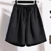 Women Summer Wide Leg Shorts High Waist Elastic Waistband Drawstring Pockets Solid Color Knee-Length Trousers