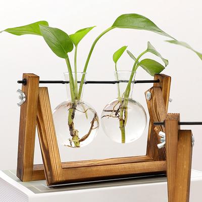 Propagation Station Glass Hydroponic Planter Bulb Terrarium Vase with Retro Wooden Stand for Hydroponics Plants Table Decor