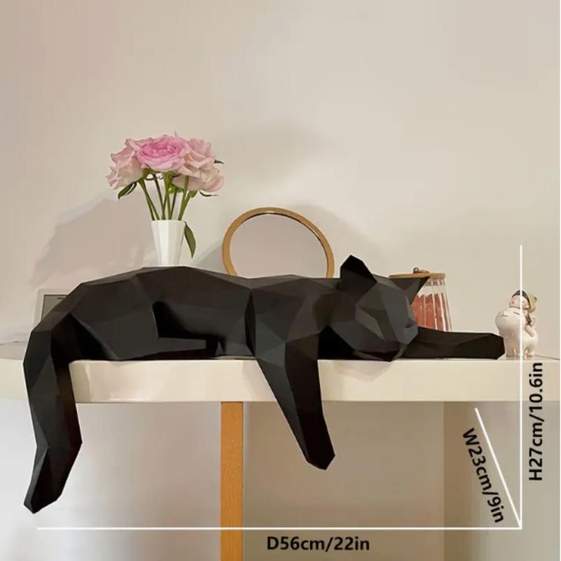 Black White Cat Statue - Geometric Modern Room Decor Figurine Sculpture For Home Office As Table Shelf Desk Decor Lying Cat
