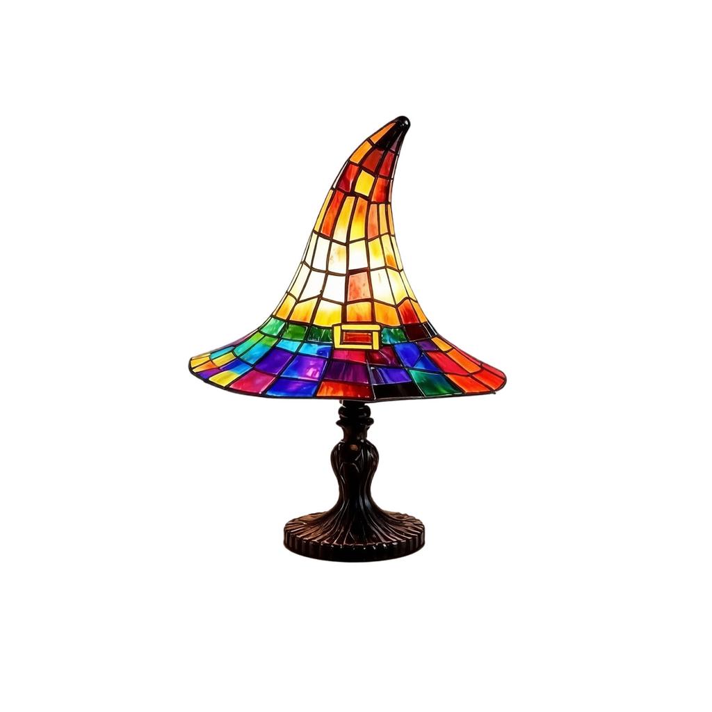 18cm Halloween Witch Hat Table Lamp USB Powered Stained Glass Style Decorative Light Fixture for Indoor Use