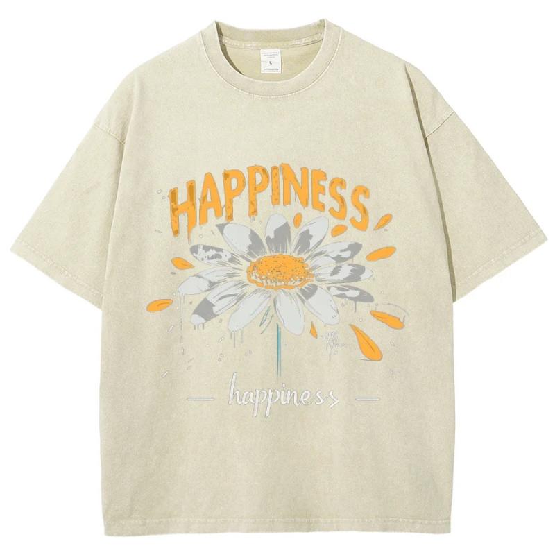 Yellow Cartoon Little Daisy Print Ladies T-Shirt Loose Wash Oversized Short Sleeve American Vintage Street Top Casual Tee