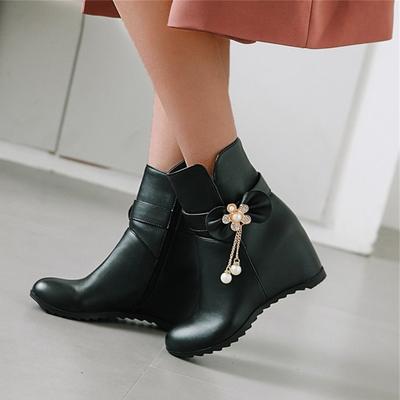 Ladies Fashion Solid Color Leather Rhinestone Bow Wedge Heel Inside High Short Boots Boots for Women with Heel High